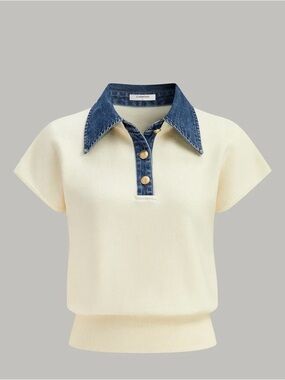 Commense denim collar cinched knit top